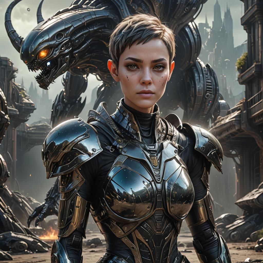 Alien Girl with Transparent Skin in Detailed Armor