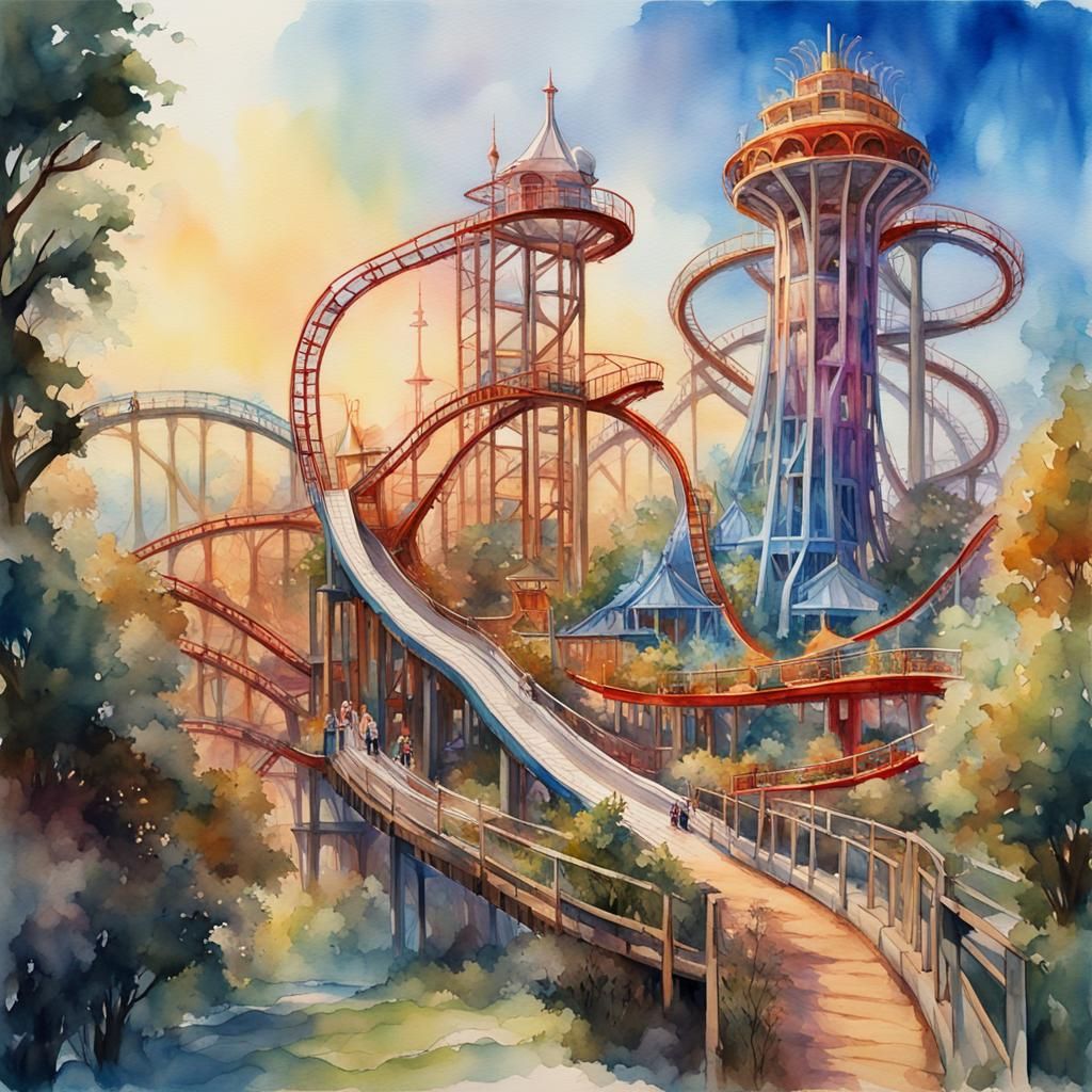 Colorful Fantasy Themepark in Watercolor Style