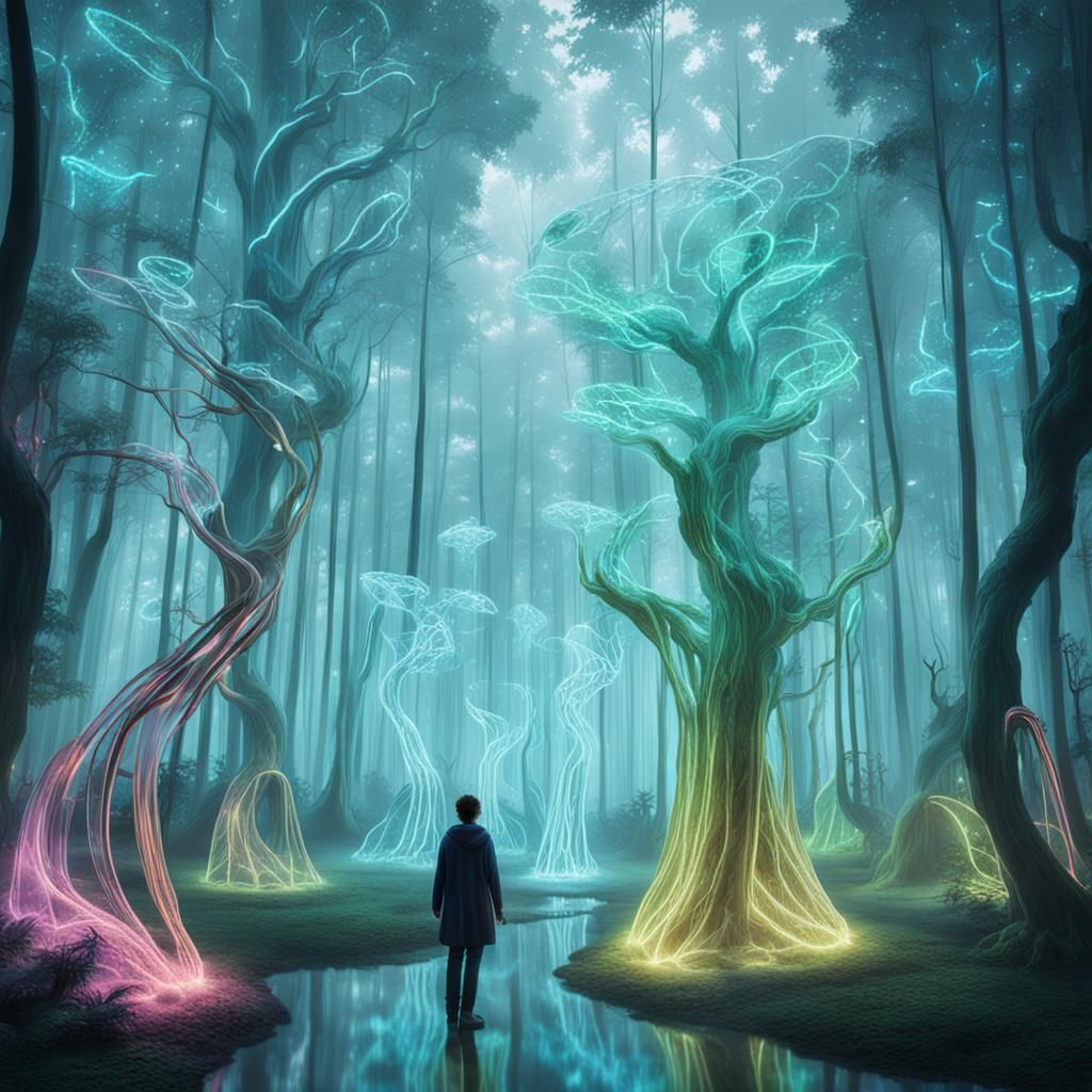 Ethereal Figures Glow in Biometric Glass Forest