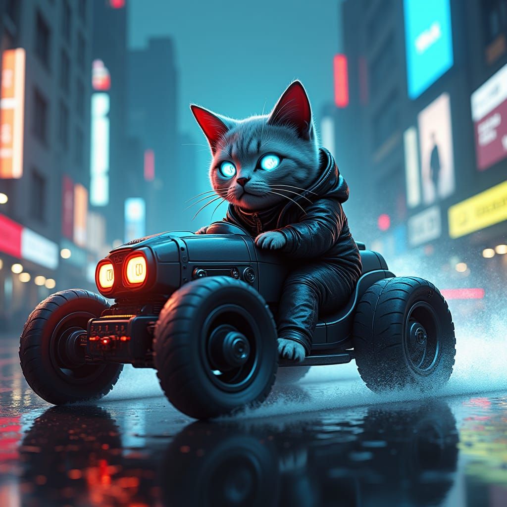 Cyberpunk Cat Drives Cybertruck in Rainy City