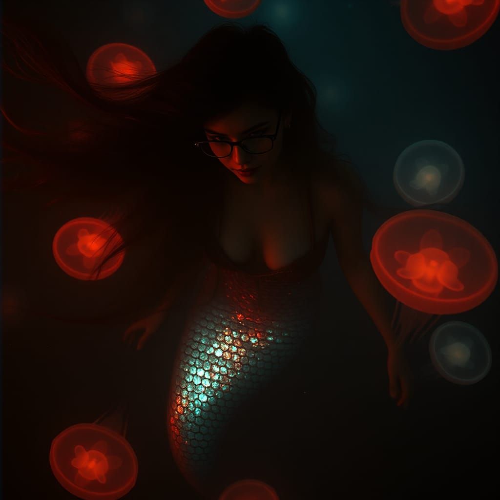 Mysterious Mermaid in Dark Ocean with Glowing Jellyfish