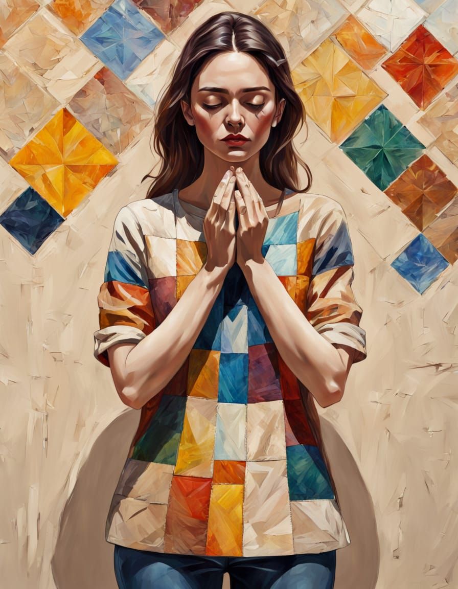 Introspective Woman with Geometric Designs, Impasto Oil Pain...