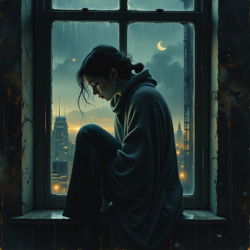 Woman Lost in Thought on Rainy Night