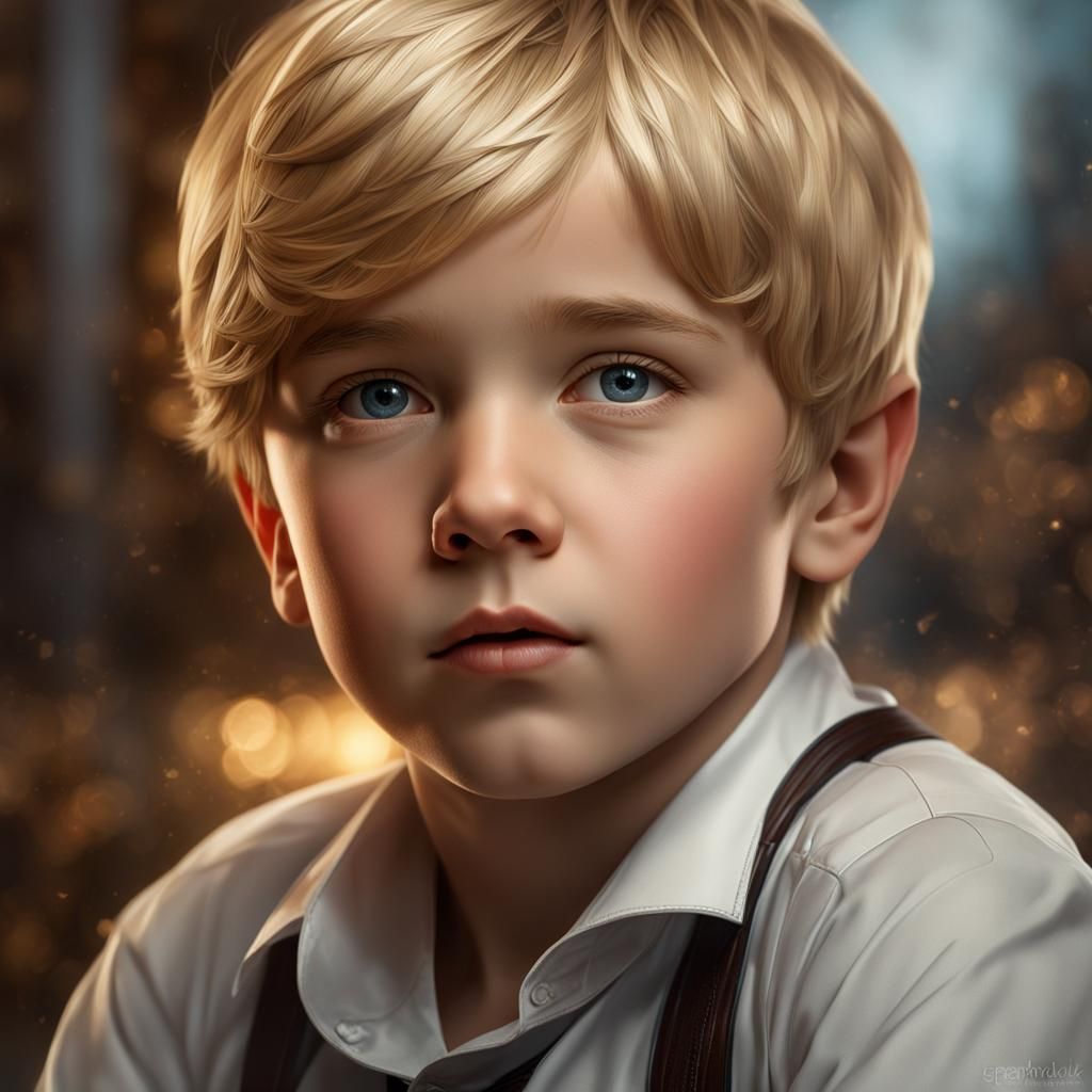 10 year old handsome boy with short blonde hair :: chubby, overweight :: suit :: shoulder up portrait :: highly intricat...