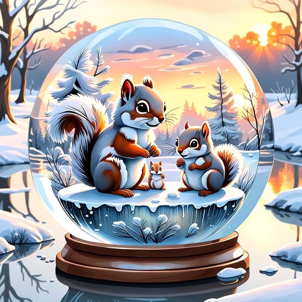 Squirrels Painted in Snow Globe Winter Scene