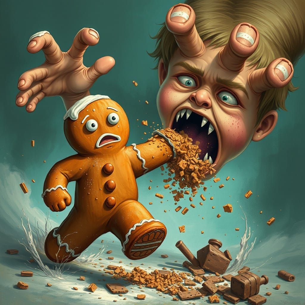 Frantic Gingerbread Man Flees Giant Crumb-Smeared Child