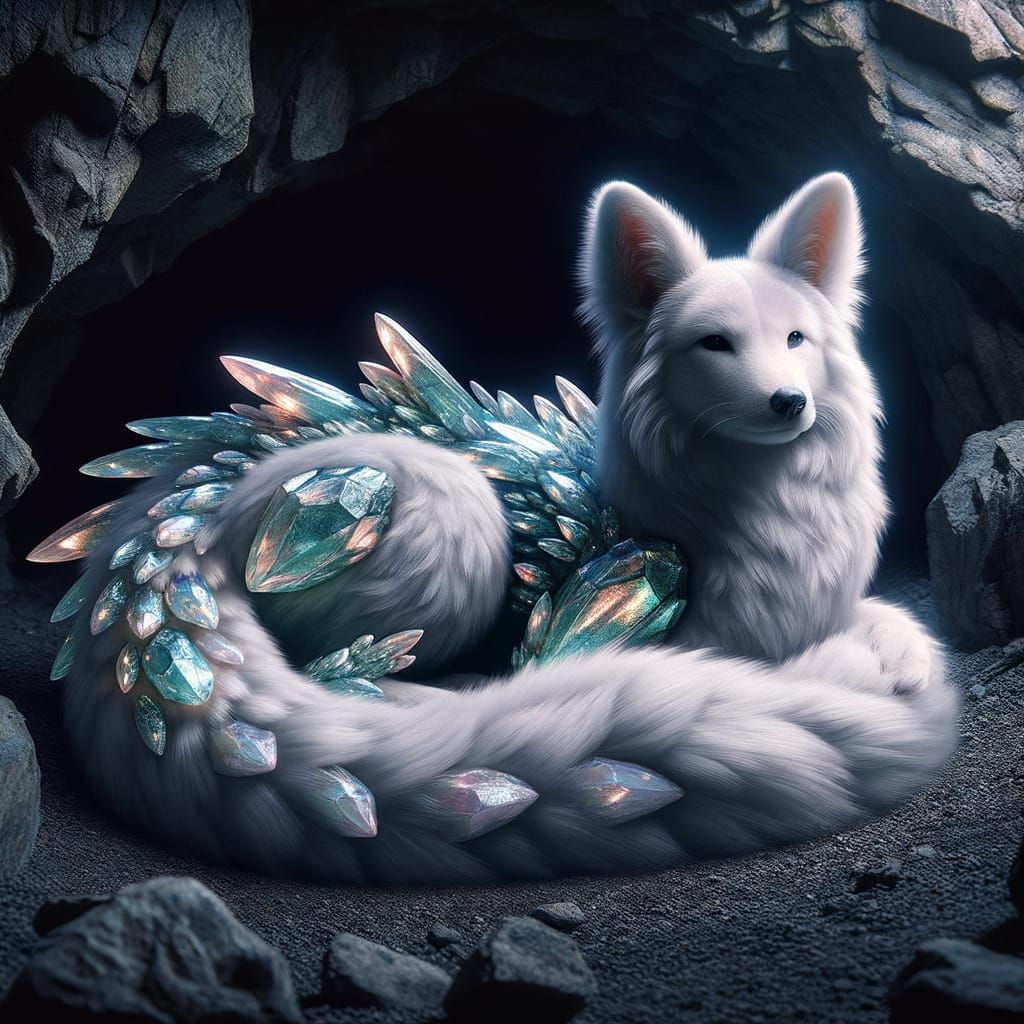 Iridescent Dragon-Dog Hybrid Curled in Cave