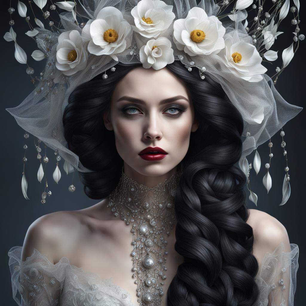 Levitating Gothic Enchantress in Surreal Glass Room