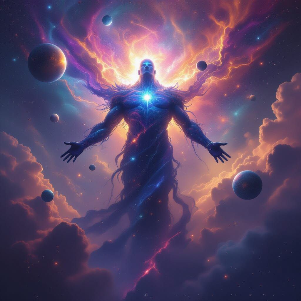 Cosmic Creator God Amidst Nebulae and Orbiting Worlds