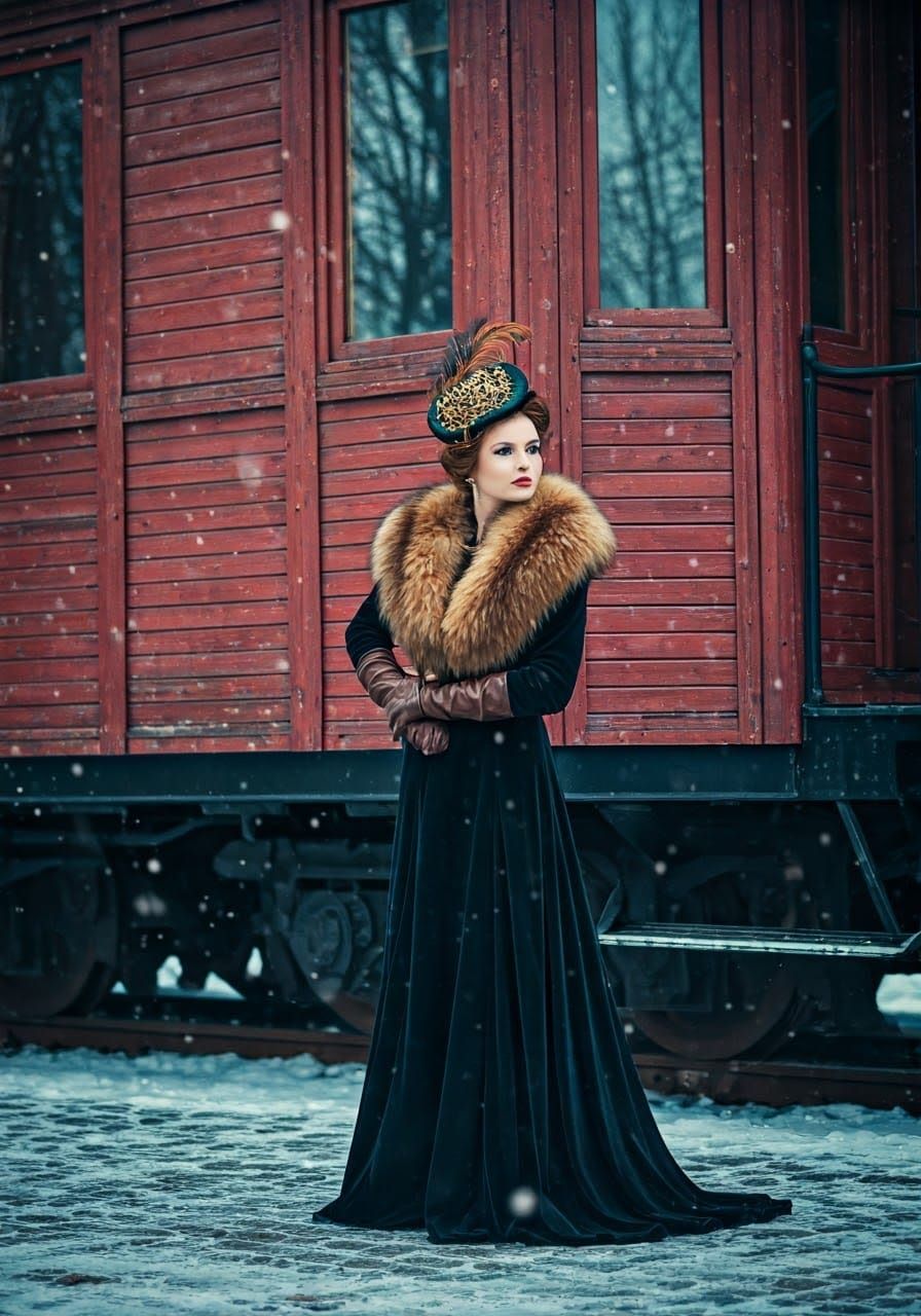 Elegant Woman in Velvet Gown Amidst Winter Wonderland