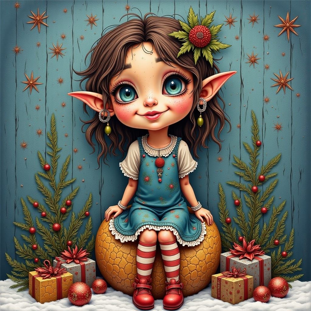 Laughing Elf Girl in Christmas Storybook Graphic