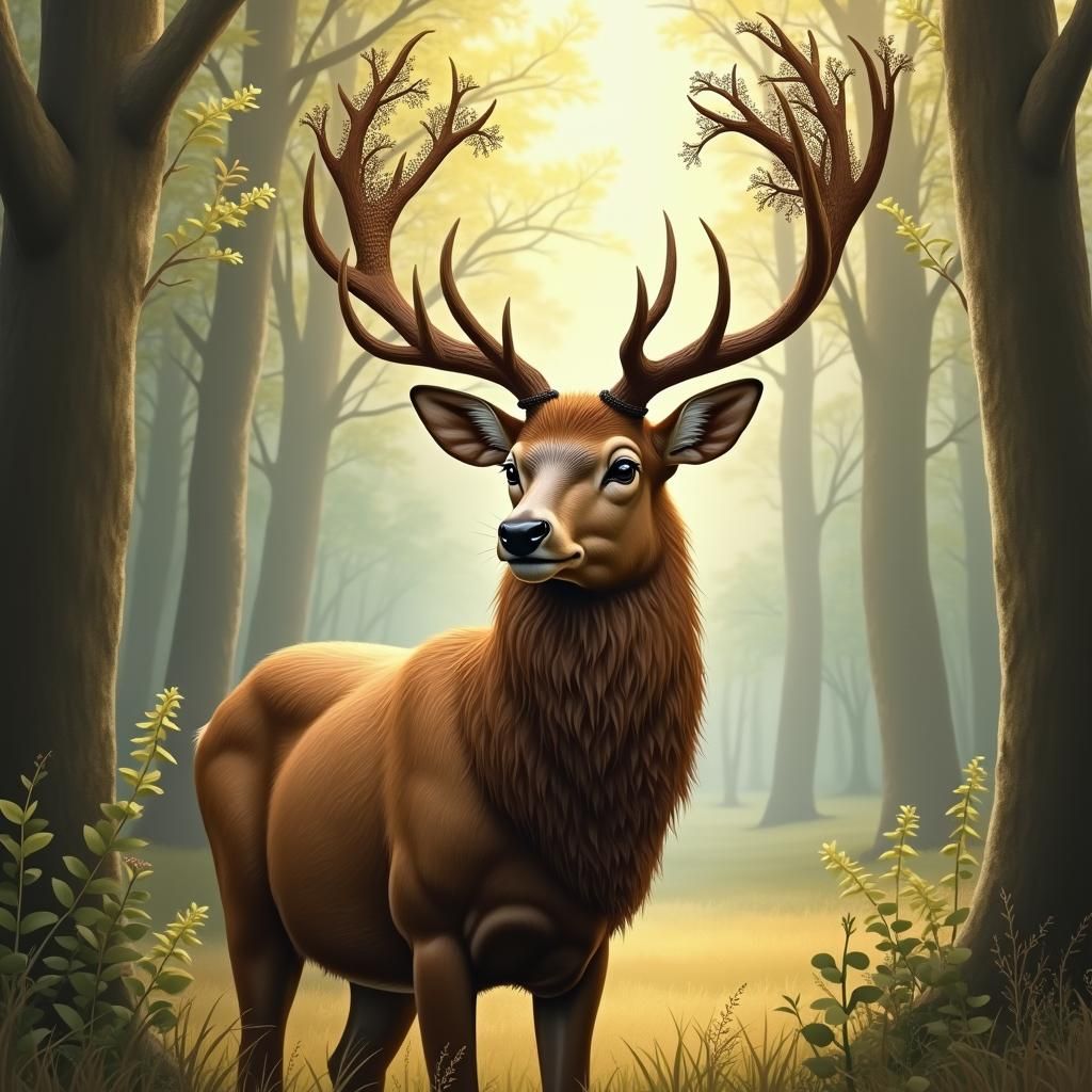 Majestic Deer in Forest, Whimsical Art Style