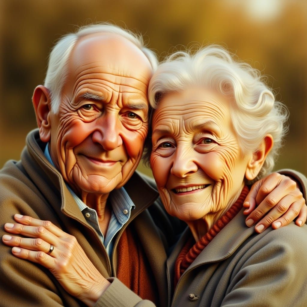 Elderly Couple's Golden Hour Portrait in Impressionist Style