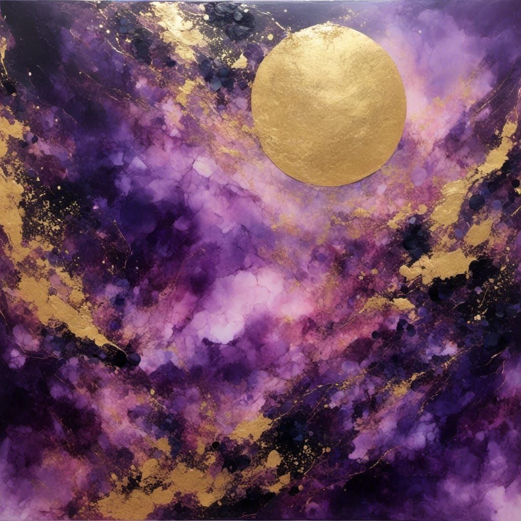 Golden Moon and Dancing Stars in Alcohol Ink Style