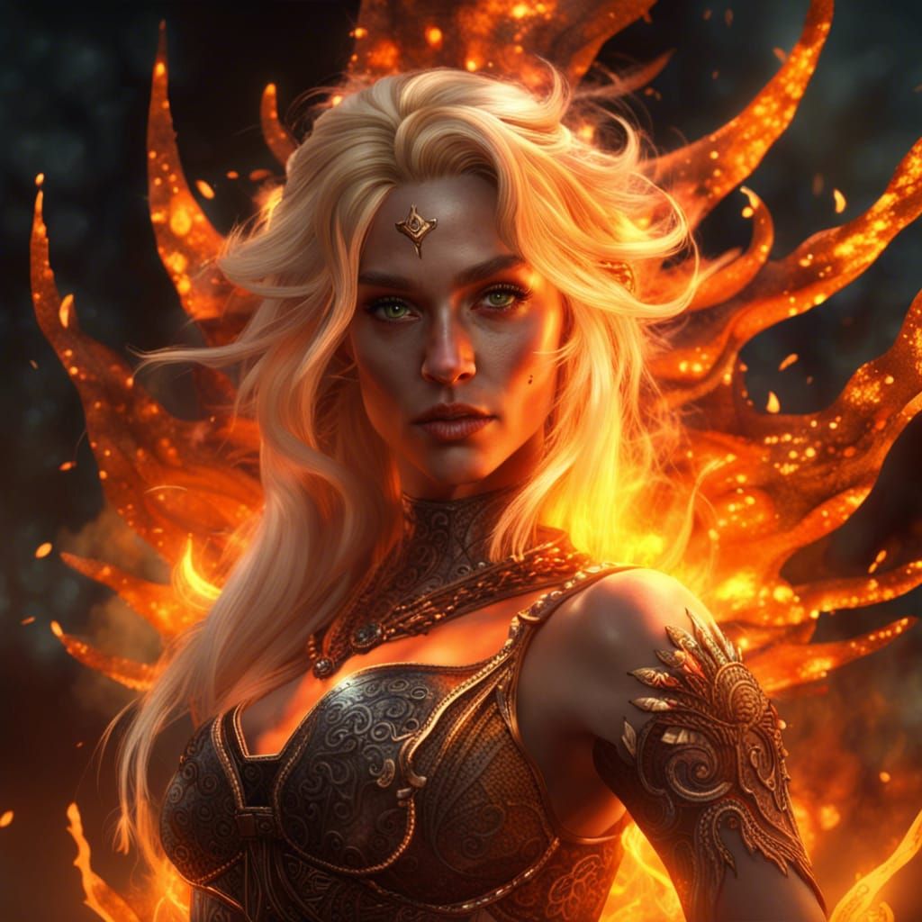 Fire Goddess with Blonde Hair in Nouveau Style