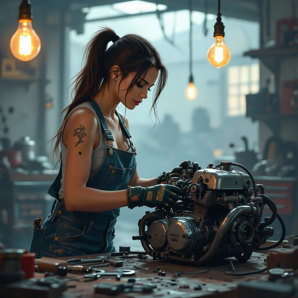 Female Mechanic Repairs Motorcycle in Dimly Lit Garage