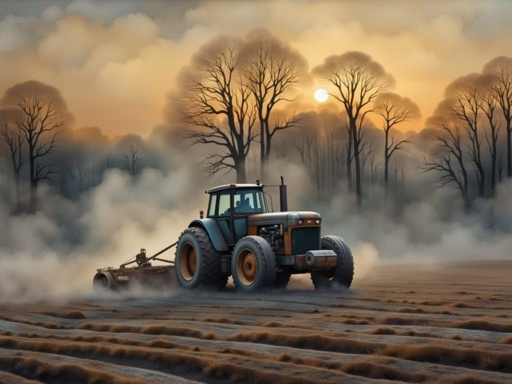 Foggy Field Tractor in Surreal Watercolor Style