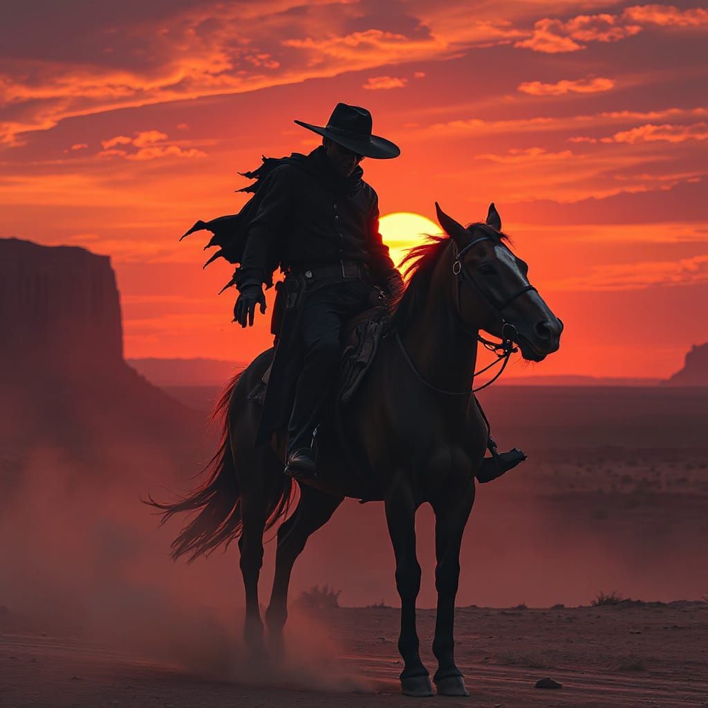 Mysterious Cowboy Phantom Rides Into Desert Sunset