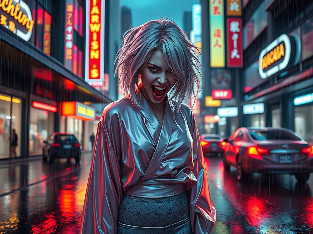 Cybergeisha's Scream in Dystopian Neon Cityscape