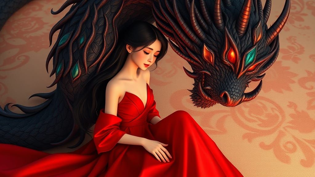 Elegant Lady in Dragon's Embrace, in Hand-Drawn Animation St...