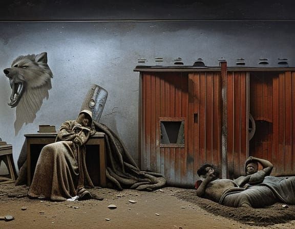 Drunk Workers and Wolf in Soviet Workshop Painting