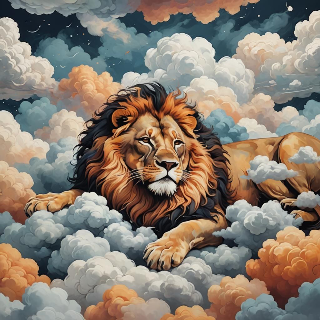Lion Asleep on Clouds in Abstract Style