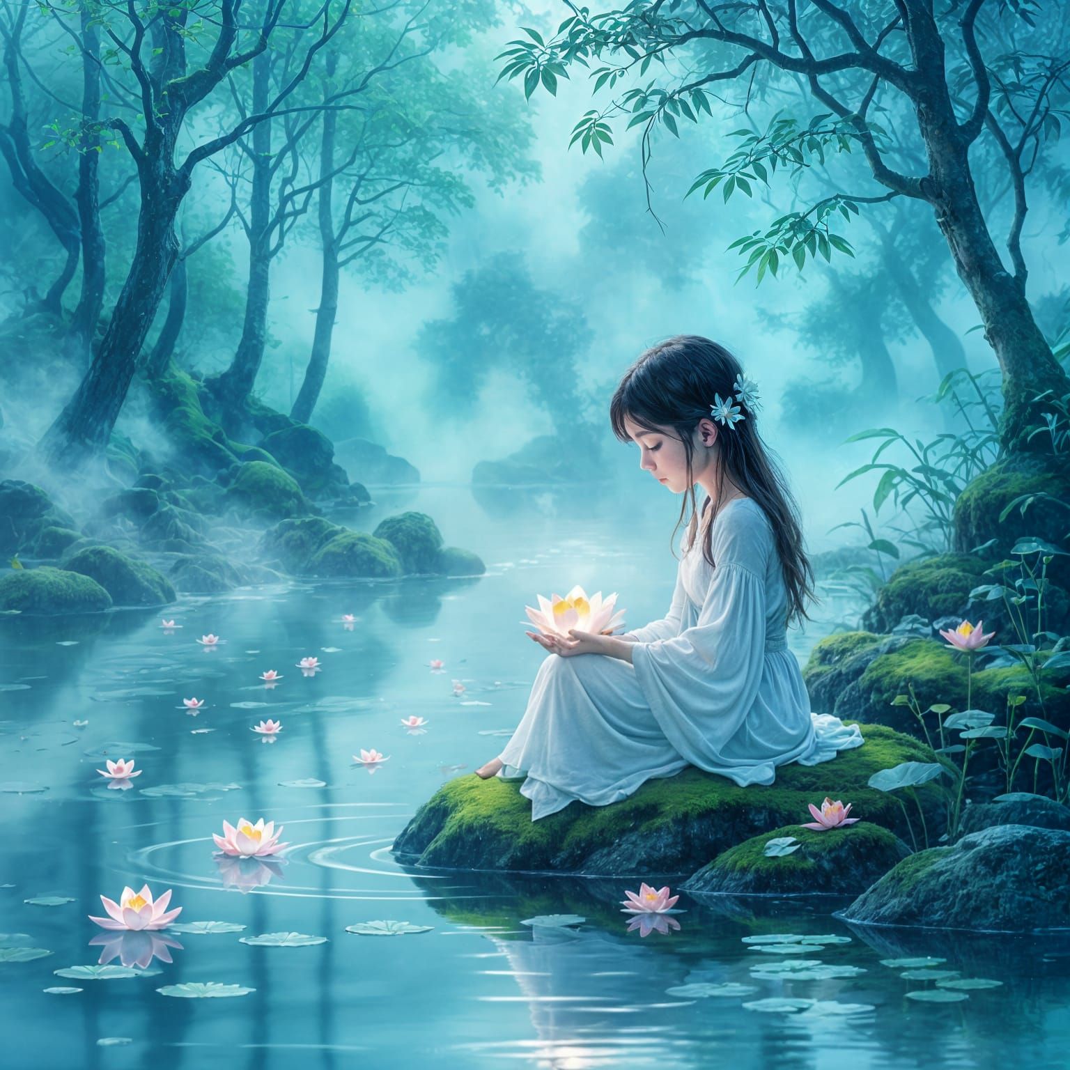 Serene Girl With Glowing Lotus by Misty Lake