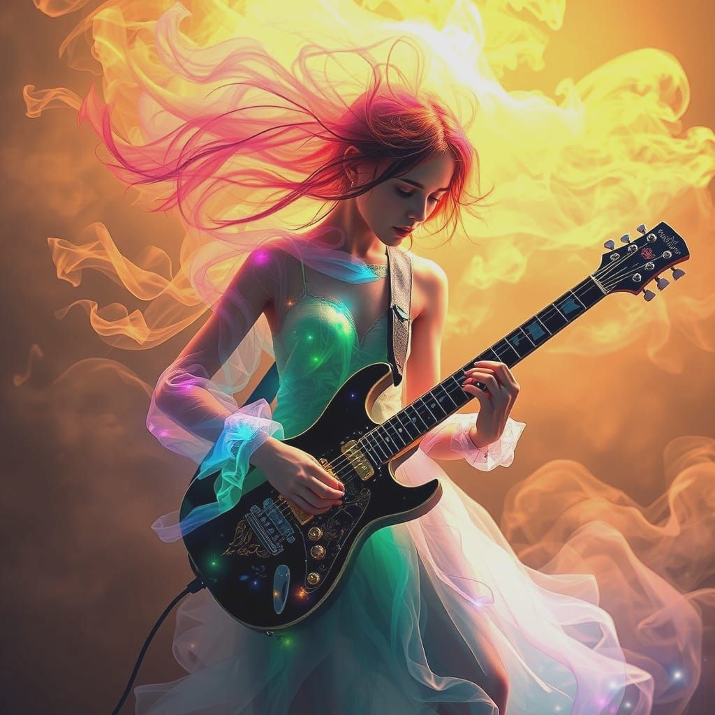 Ghostly Rock Guitarist in Ethereal, Smoky Atmosphere