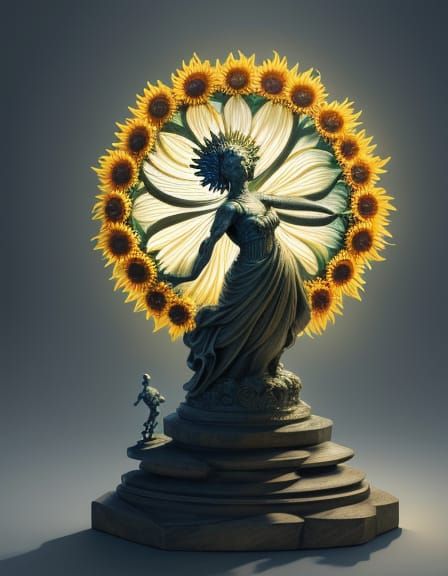 Giant Stone Sunflower Statue Holds Humanoid Figure in Dreaml...