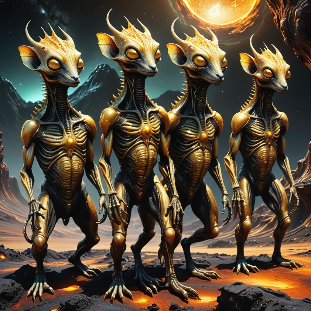 Golden Marsupial Aliens on Exoplanet in Biomechanical Style