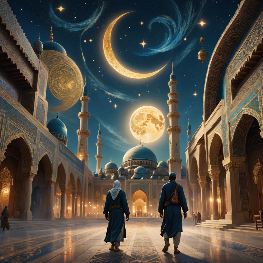 Majestic Mosque Under Starry Sky: Cinematic Fantasy Art