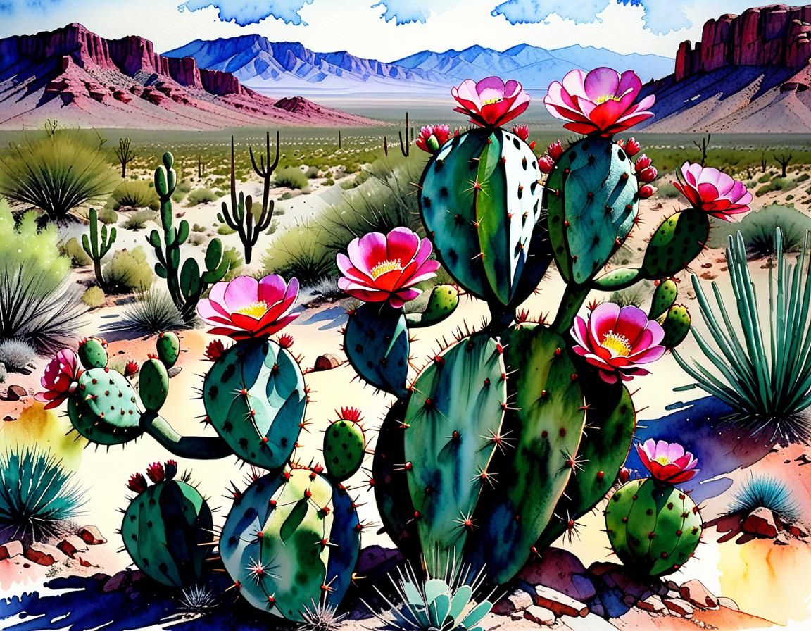 Stan Miller watercolor and Alcohol Ink : aquarellist : majestic desert view with large prickly pear cactus in bloom