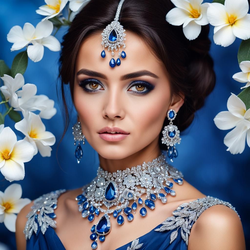 Exotic Woman in Blue Gown with Floral Background