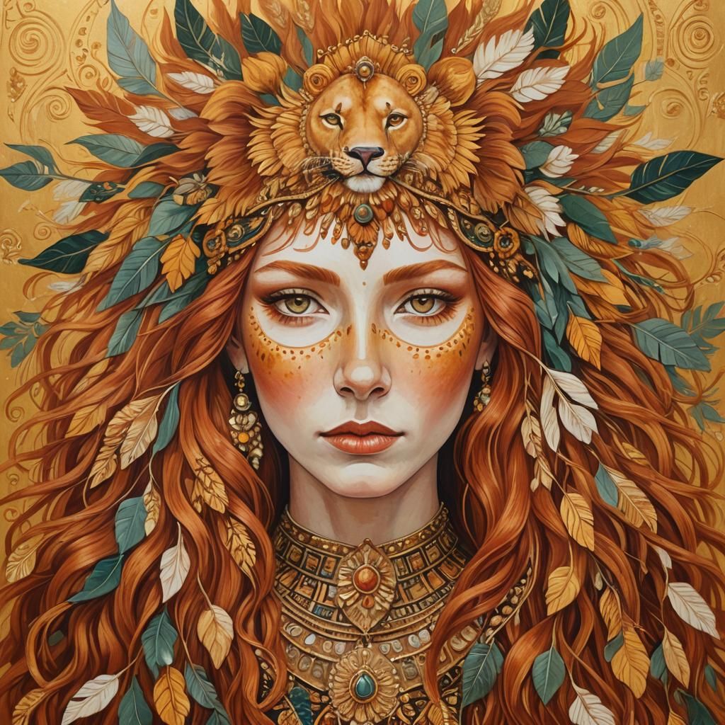 Folk Art Portrait of Woman with Lion Headdress