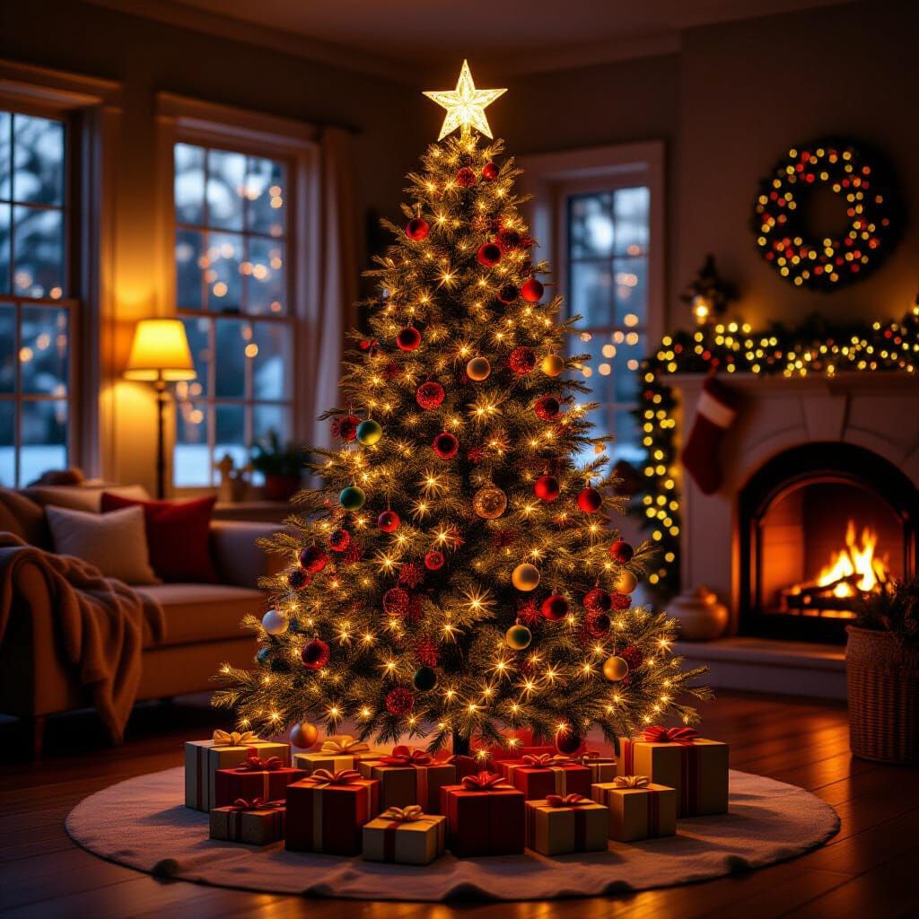Cozy Christmas Tree in Dimly Lit Room, Ultra-Realistic Photo