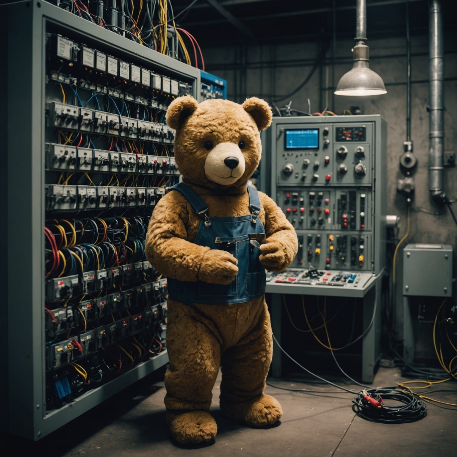 Teddy Bears Working on Electrical Panel: Cinematic Still