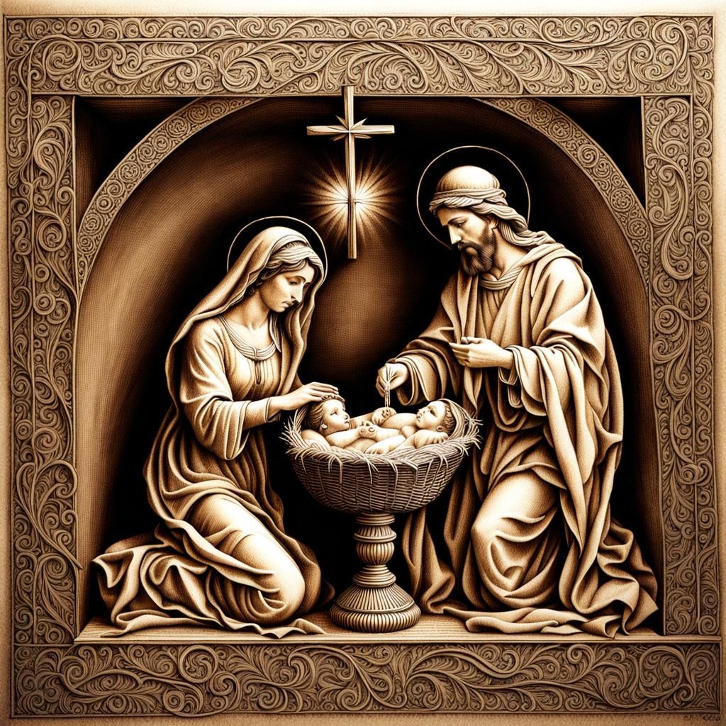 Nativity Scene: Detailed Pen and Ink Drawing