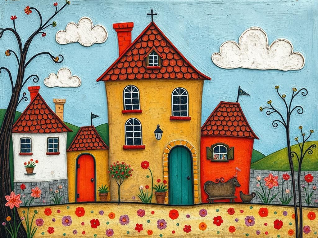 Colorful Naive Art with Quirky Geometric Designs