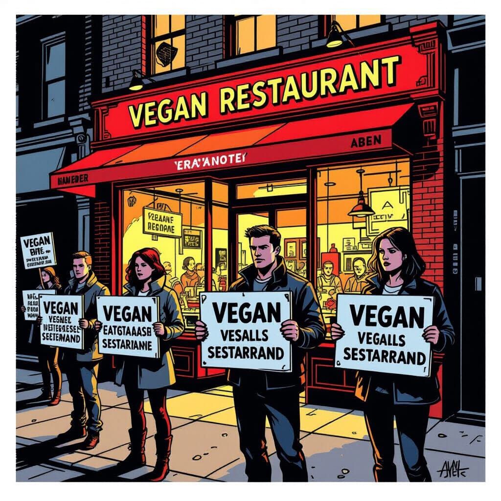 Protesters with Signs at Vegan Restaurant in Graphic Novel S...