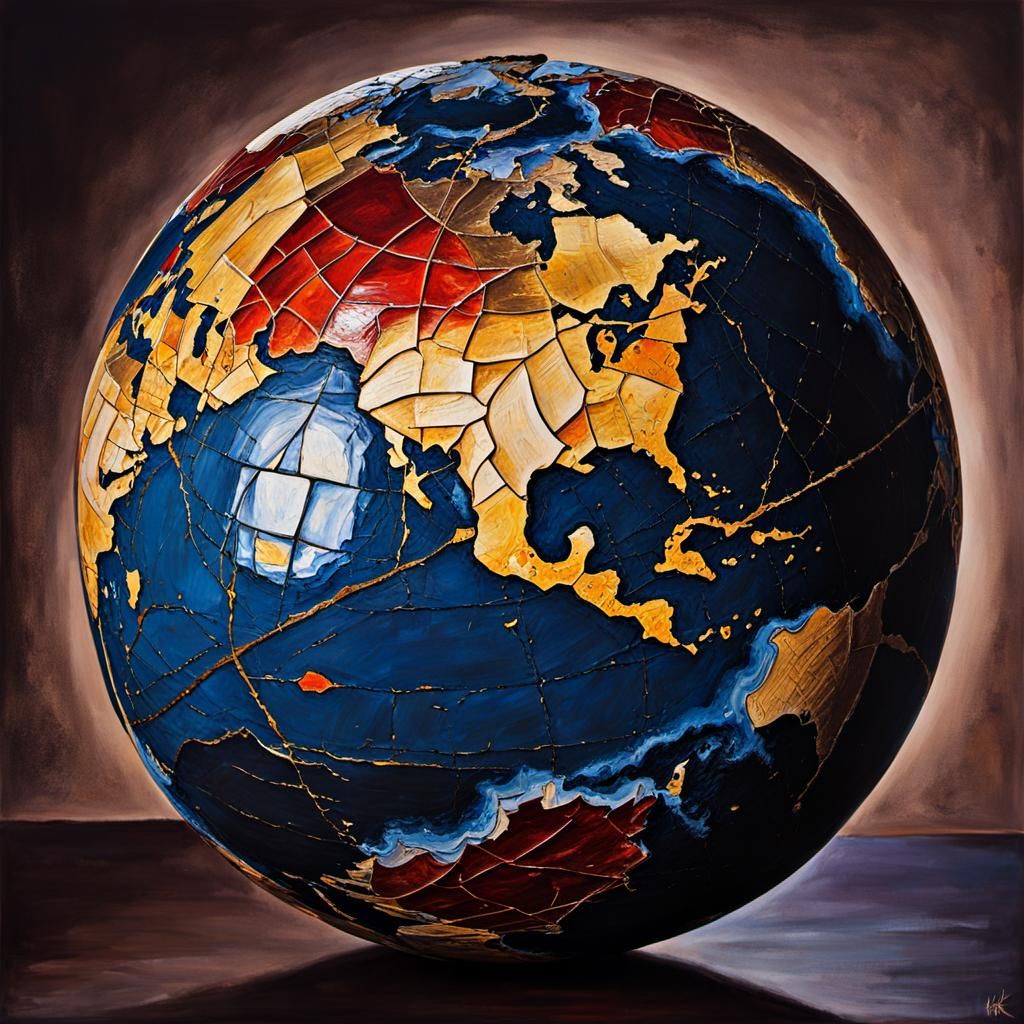 Kintsugi Globe: Hyperrealistic Pottery in Oil Gouache Style