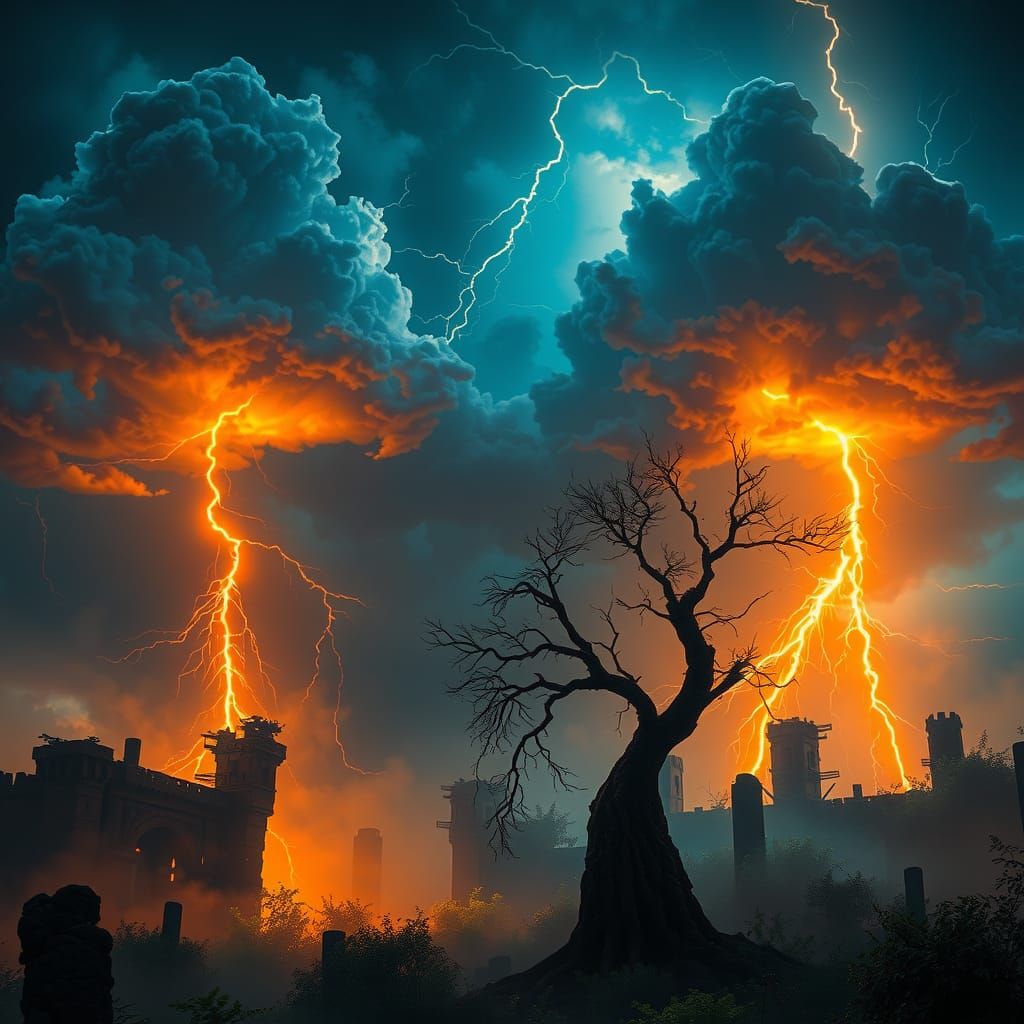 Ethereal Thunderstorm Over Ancient Ruins: Matte Painting