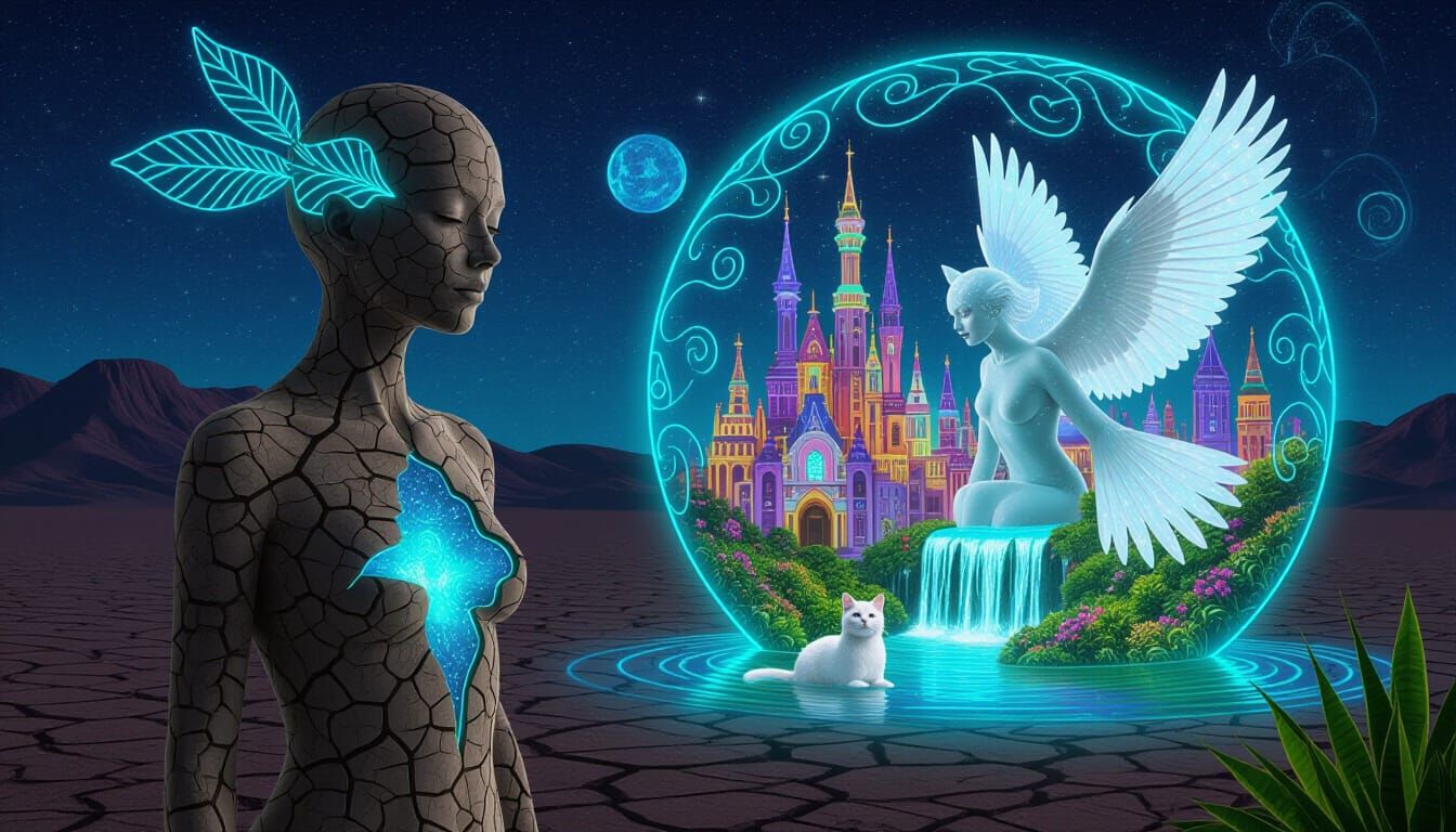 Bioluminescent Figure in Cosmic Landscape