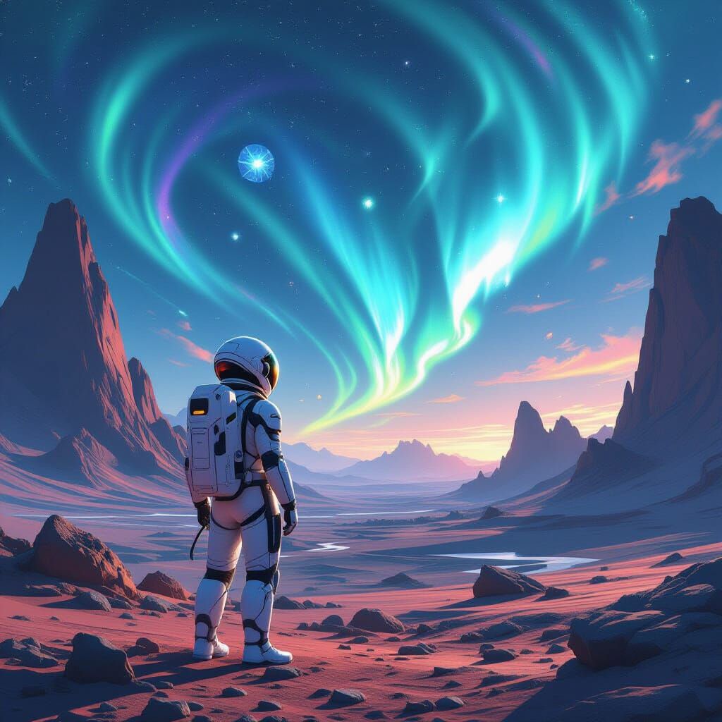 Astronaut Gazes at Alien Sky with Geometric Aurorae