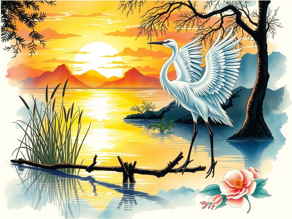 Cranes in Creek at Sunset: Ink and Watercolor