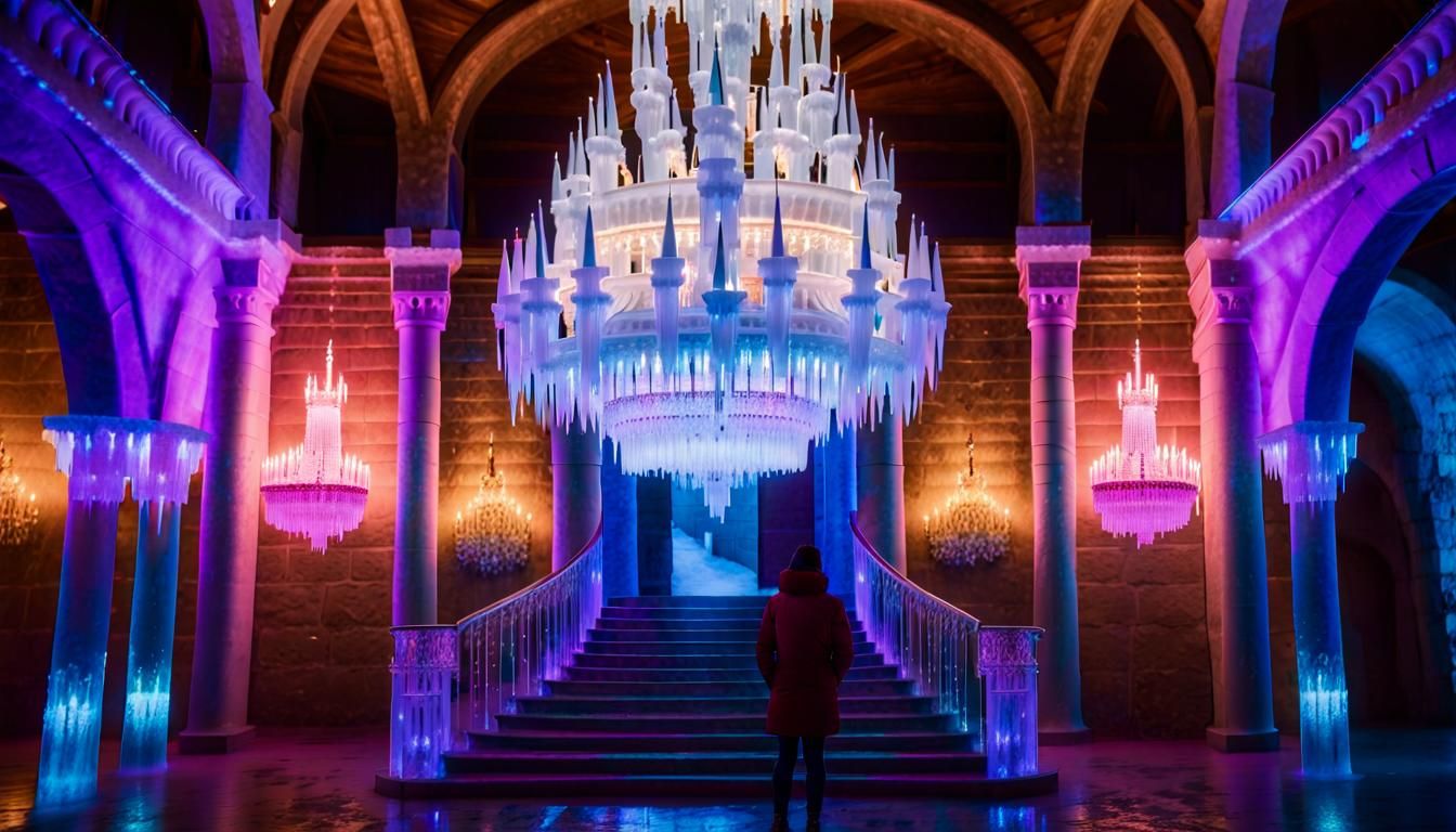 Magnificent Ice Castle Entrance with Colorful Lights