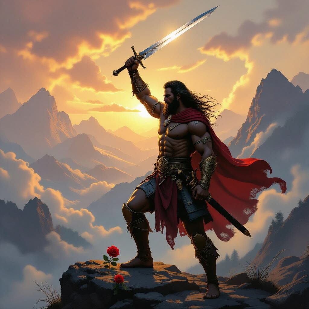 Epic Fantasy Warrior Victorious at Dawn, Holding Faith Sword