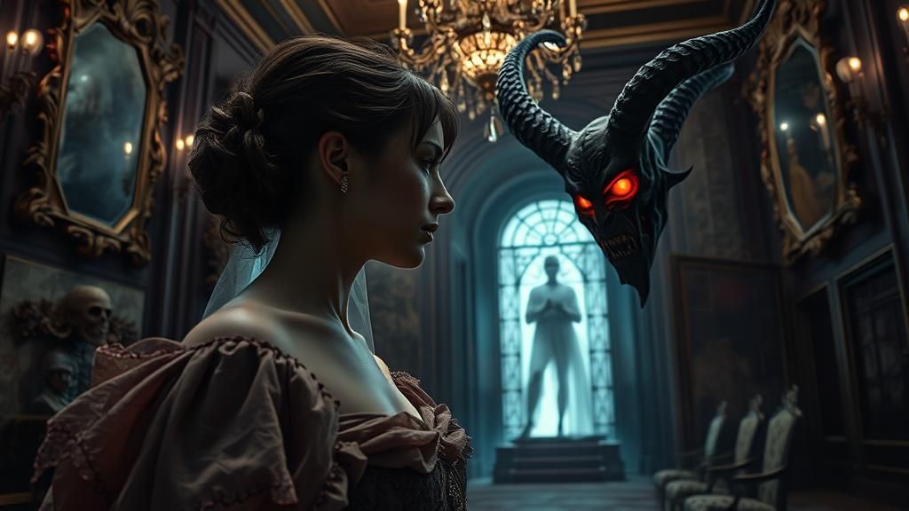 Terrified Woman Stares at Demon Witch in Mansion