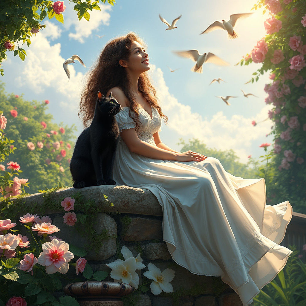 Woman and Black Cat in Sunlit Garden, Fantasy Art
