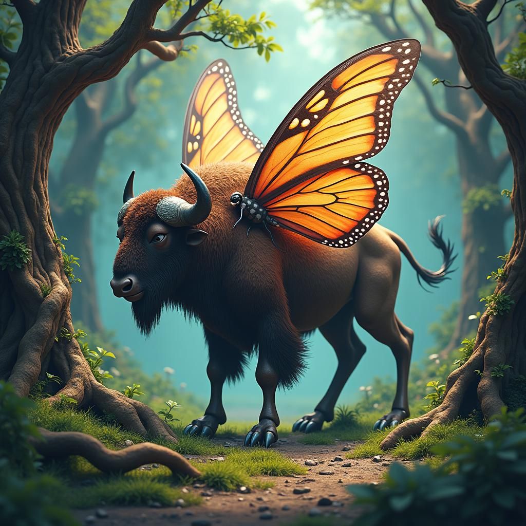 Butterfly Bison Hybrid in Surreal Landscape