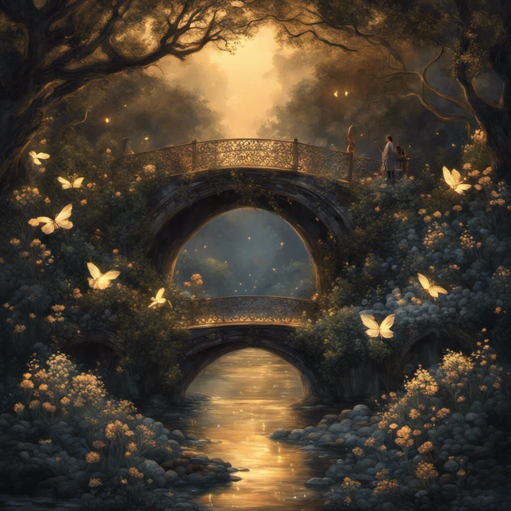 Fairy Bridge with Fireflies in Rococo Digital Art